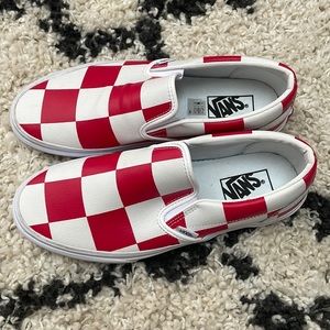 White and Red Checkered Leather Slip-on Vans